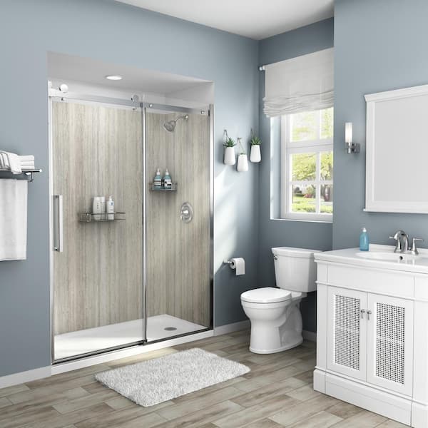 Passage 60 in. x 72 in. Right Drain Alcove Glue-Up Shower Wall, Shelf, Door and Base Kit in Pewter Travertine (4-Piece)
