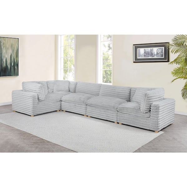 Adri 80 in W. Straight Arm 5-Piece Corduroy Fabric Modular Sectional Sofa in. Light Grey Color