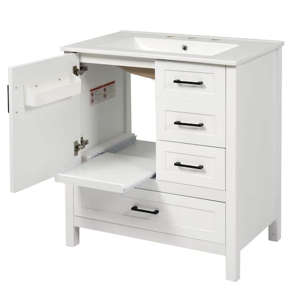 30 in. Single Sink Freestanding White Bath Vanity with White Ceramic Top, Removable Tray, 3 Drawers, Unassembled