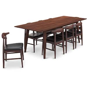 Aden 9-Piece Mid-Century Rectangular Walnut Top 86 in. Dining Set with 8-Vegan Leather Dining Chairs in Black