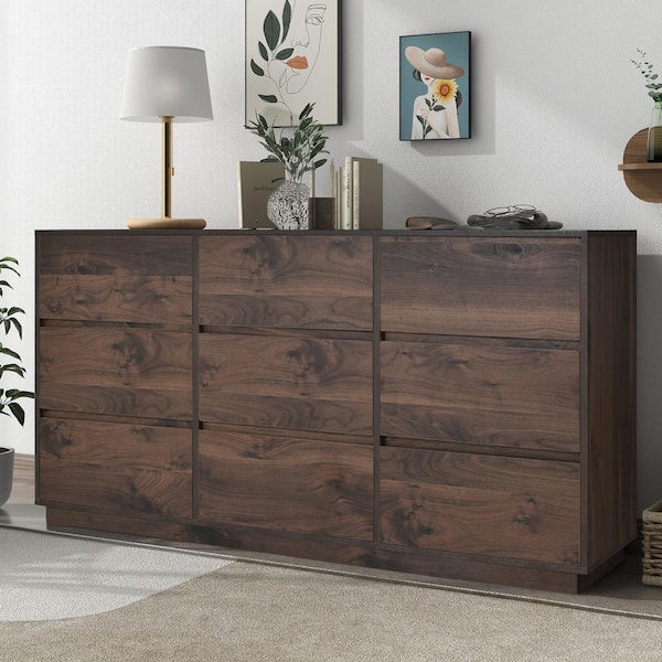 Harper & Bright Designs Mid-Century Modern Dark Brown 9-drawer 59 in. Wide Dresser