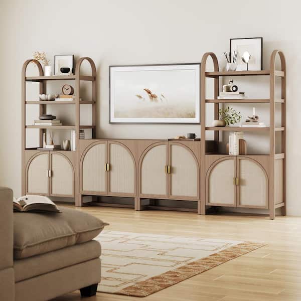 Paxton 71 in. Tall Raw Oak Boho Bookshelf with Solid Wood Frame, 3-Shelf Bookcase Cabinet with Arched Rattan Door