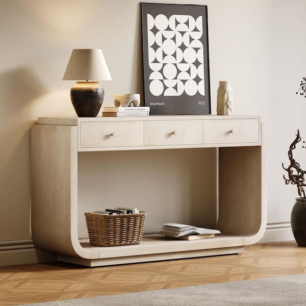 Arnatt 55.04 in. Antique Beige Rectangle MDF Top Console Table with 3 Drawers, Bottom Shelf, and Curved Legs