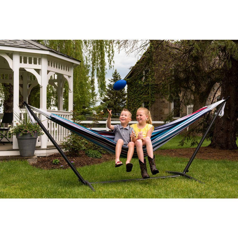Denim Striped Cotton Double Hammock with Steel Stand