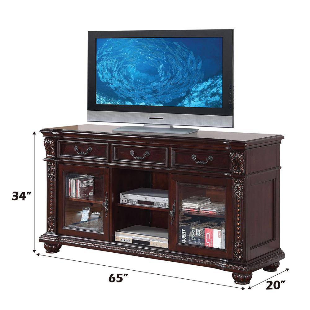 Cherry Finish Elegance 66" Wooden TV Stand with Glass Doors