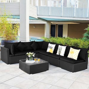 7-Piece Rattan Patio Conversation Set Sectional Furniture Set with Black Cushion