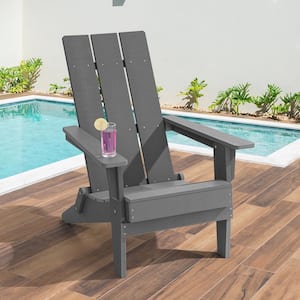 HIPS Foldable Adirondack Chair, Weather Resistant Wood-Grain Finish Chair With Wide Backrest, Charcoal Gray