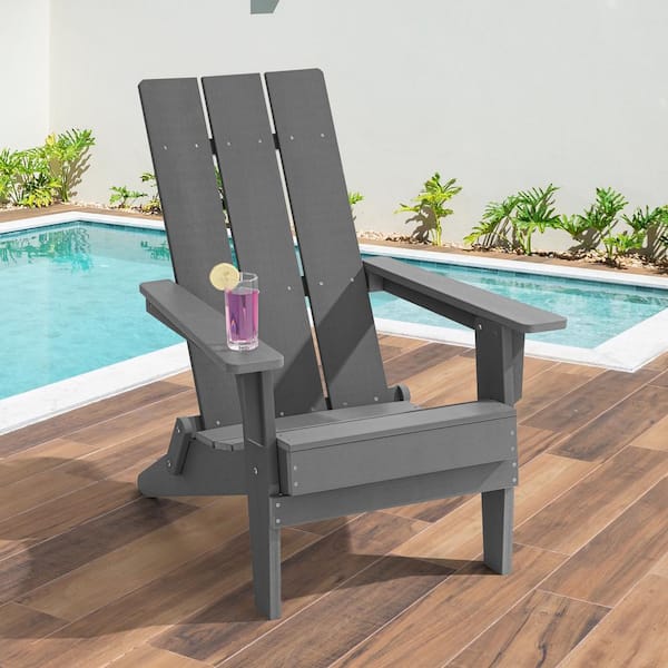 JOYESERY HIPS Foldable Adirondack Chair, Weather Resistant Wood-Grain Finish Chair With Wide Backrest, Charcoal Gray