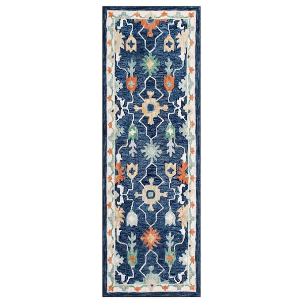 Unbranded Bella Blue/Multicolor 2 ft. 3 in. x 6 ft. 9 in. Eclectic Hand-Tufted Floral 100% Wool Runner Area Rug