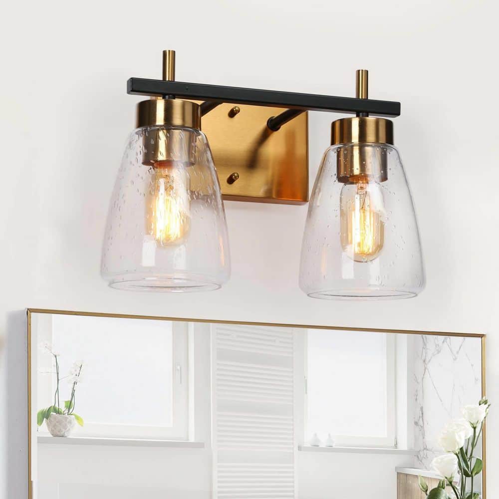 13 in. 2-Light Modern Mid-Century Black Powder Room Vanity Light, Brass Bathroom Wall Sconce with Seeded Glass Shade price history on PriceWatchPro