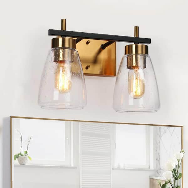 Uolfin 13 in. 2-Light Modern Mid-Century Black Powder Room Vanity Light, Brass Bathroom Wall Sconce with Seeded Glass Shade