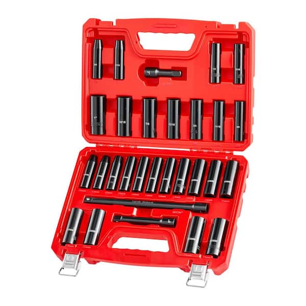 1/2 in. Drive Impact Socket Set, 29-Piece, 6-Point Deep Sockets, SAE 3/8-1 in. & Metric 10-24 mm, Cr-V Steel, Extensions