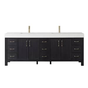 Leon 84 in. W x 22 in. D x 34 in. H Double Freestanding Bath Vanity in Fir Wood Black with White Composite Stone Top