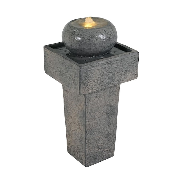26 in. H Outdoor Minimalist Concrete Cascade Fountain with LED-Lit Column for Garden Patio and Porch Decor, Gray