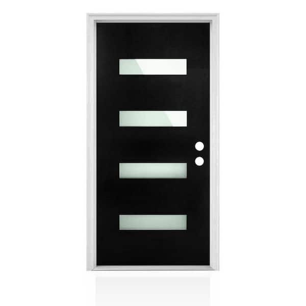 36 in. x 80 in. Left-Hand 4 Lite Frosted Glass Black Modern Prehung Exterior Fiberglass Front Door with Brickmould