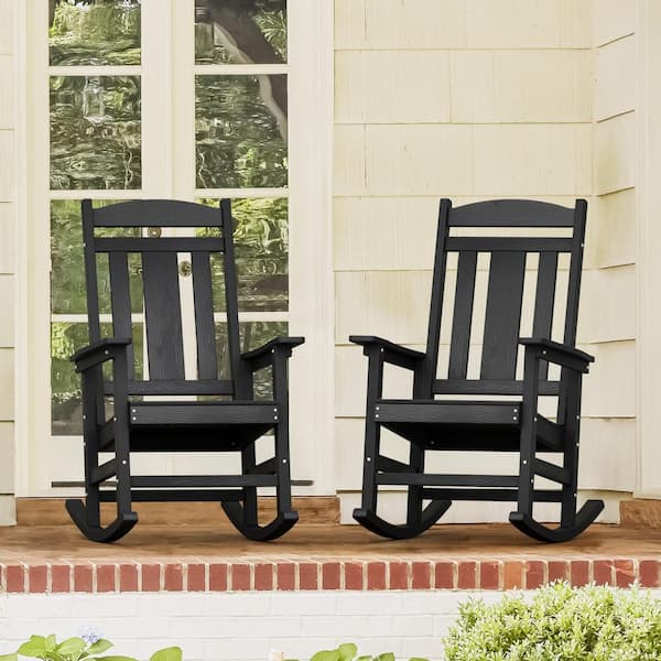 LUE BONA Black Plastic Outdoor Rocking Chair Porch Rocker for Outdoor and Indoor (2-Pack)