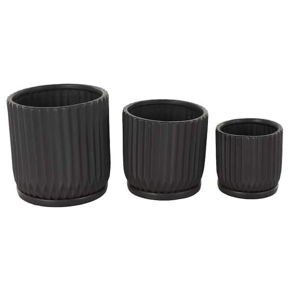 Litton Lane 8 in. 7 in. and 5 in. Small Black Ceramic Ribbed Planter with Attached Saucer (3- Pack)