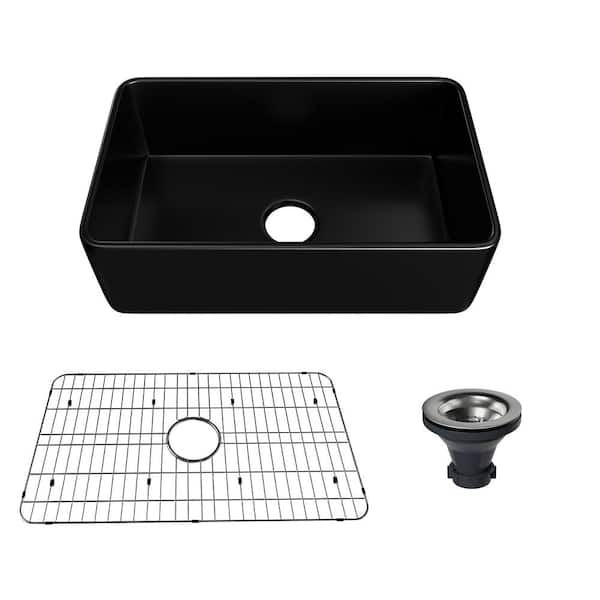 30 in. Farmhouse Apron Front Single Bowl Black Fireclay Kitchen Sink with Draining Grid