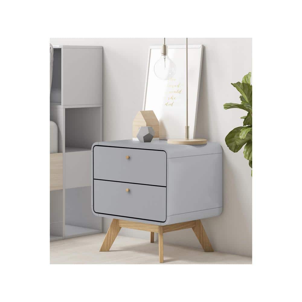 Gray Scandinavian 2-Drawer Nightstand with Natural Wood Legs