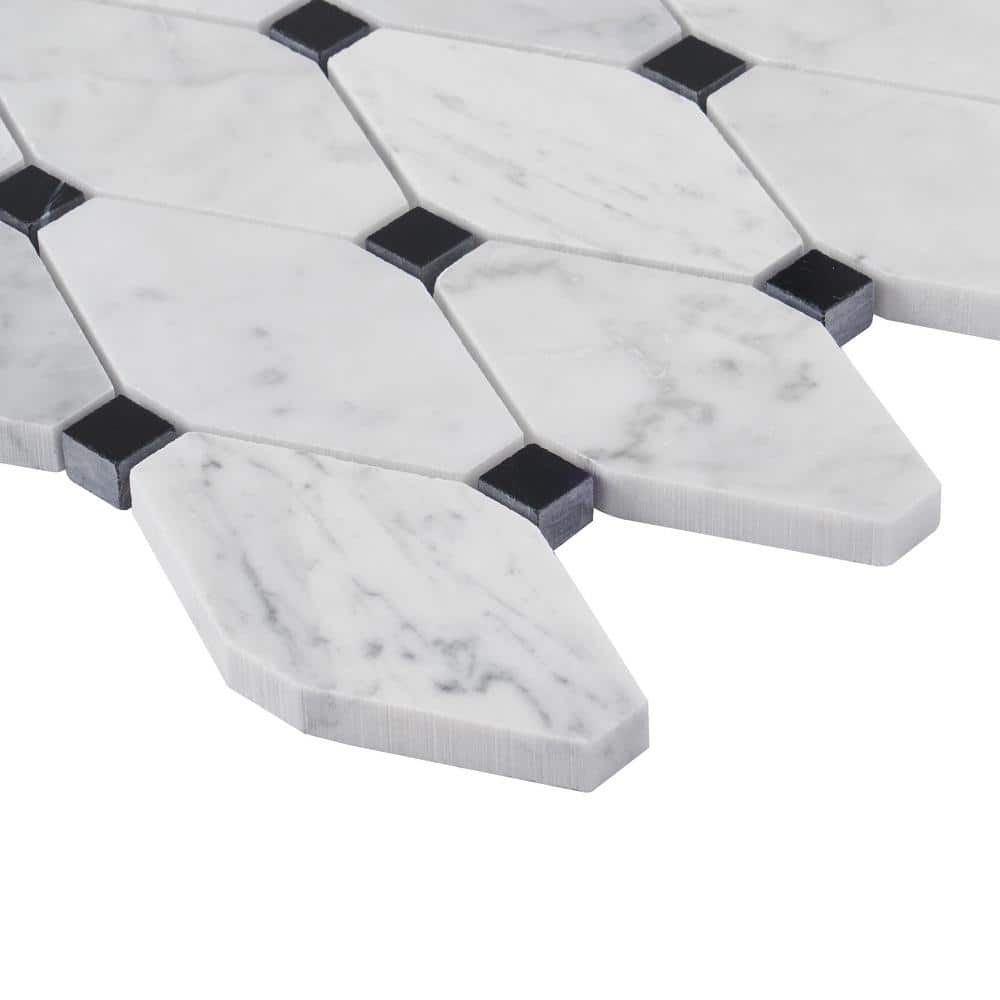 White Carrera Marble Octagon and Dot Mosaic Tile