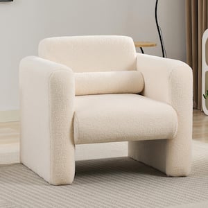 Cream Lambskin Sherpa Fabric Upholstered Arm Chair, Accent Chair with Lumber Pillow for Living Room, Guest Room, Office