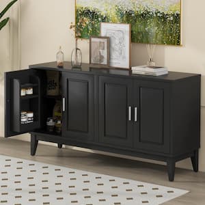 Black Wood 60 in. 4-Door Sideboard with Door Shelf, Two Storage Cabinets, Adjustable Shelves