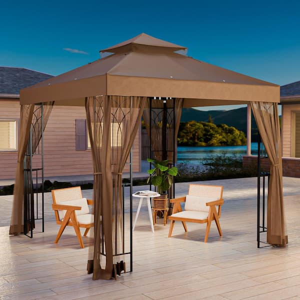 8 ft. x 8 ft. Brown Outdoor Garden 2-Tier Vented Soft Top Gazebo with Built-in Ceiling Hook, Corner Shelves, Netting