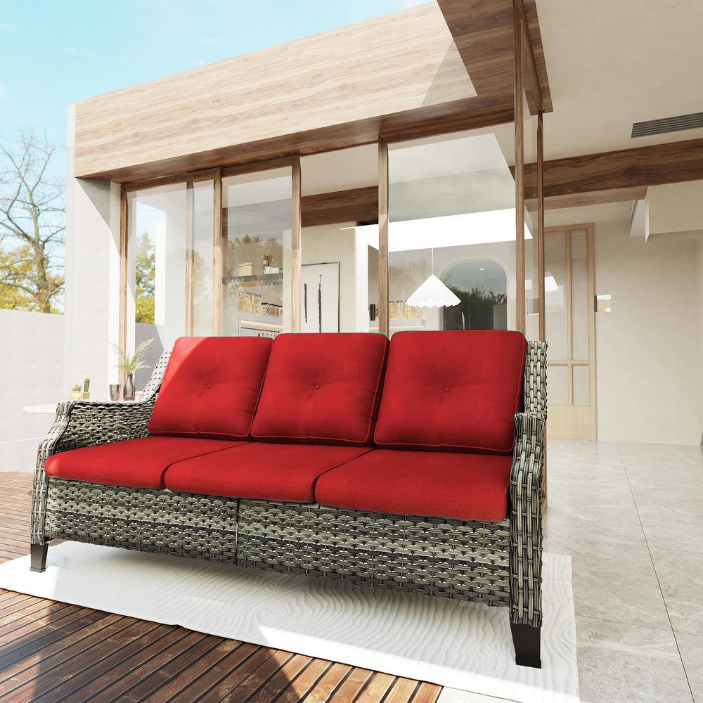 Red Wicker and Metal Outdoor Patio Sofa with Curved Armrests