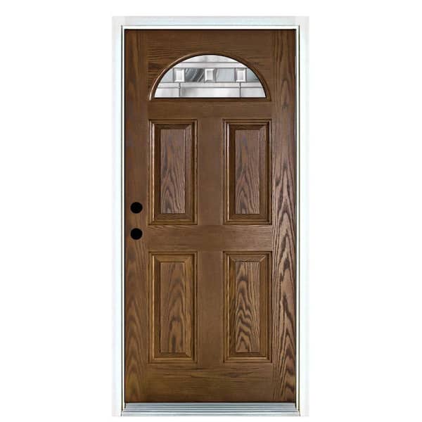MP Doors 32 in. x 80 in. Right Hand Inswing Fan Lite Savana Decorative Glass Medium Oak Stained Fiberglass Prehung Front Door