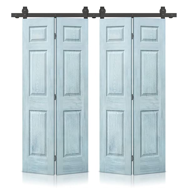 CALHOME 60 in. x 80 in. Vintage Denim Blue Stain 6 Panel MDF Double Hollow Core Bi-Fold Barn Door with Sliding Hardware Kit