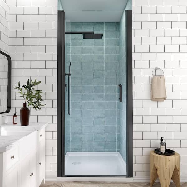 30 to 31-1/4 in. H Pivot Swing Frameless Shower Door in Black with Clear Glass