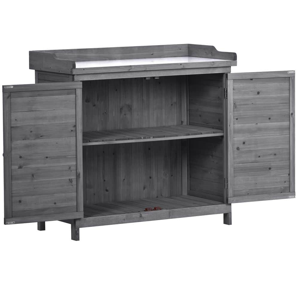 Gray Fir Wood Workstation with Cabinet 2-Tier Shelves and Side Hook
