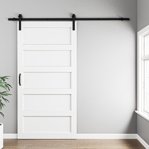 42 in. x 84 in. Paneled 5-Lites White MDF with PVC Finished Sliding Assembly Required Barn Door Slab with Hardware Kit