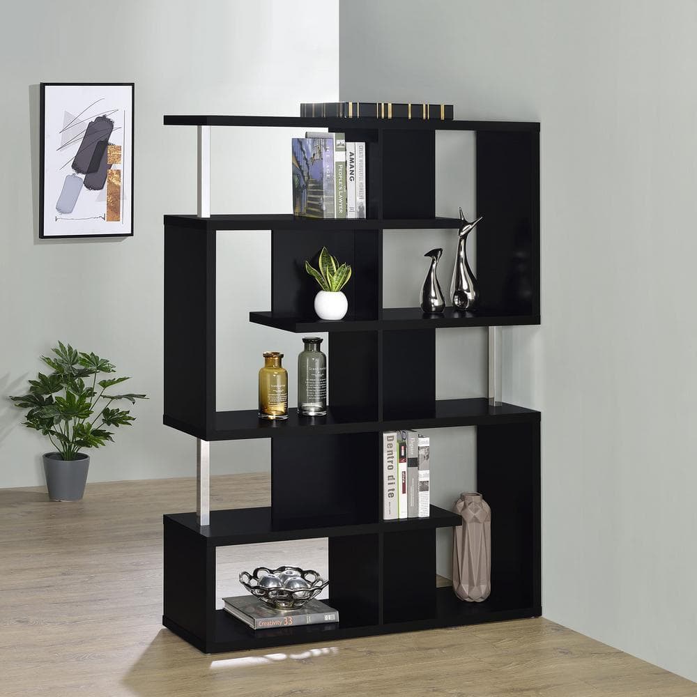 Black Wood Ladder Bookcase with Cubes, 63.25" Tall
