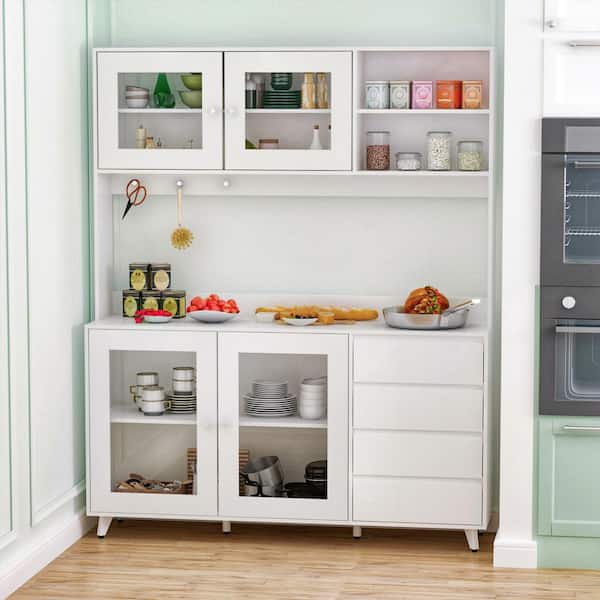 63 W Large Storage Cupboard Pantry Kitchen With Hutch, 4 Doors, 4