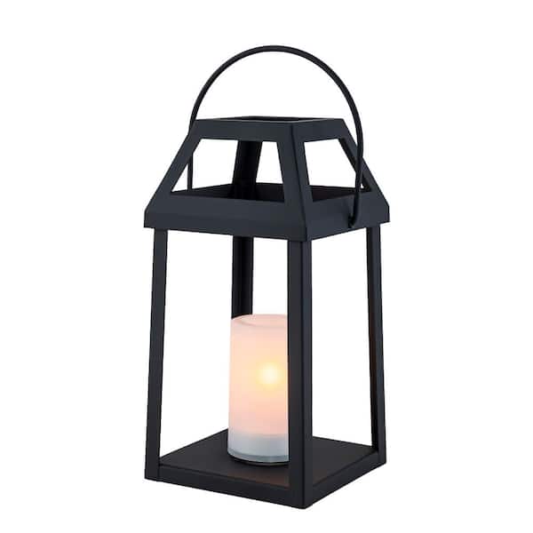 H13” Solar Outdoor Lantern with Flickering Candle Metal Solar Lantern with Handle, Waterproof Patio Table for Garden