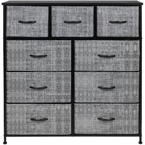 39.5 in. L x 11.5 in. W x 39.5 in. H 9-Drawer Gray/Black Rustic Dresser with Steel Frame Wood Top Easy Pull Fabric Bins