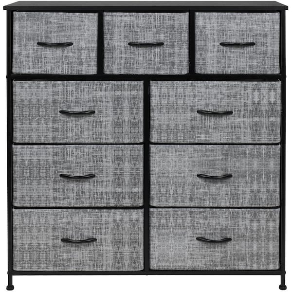 Sorbus 39.5 in. L x 11.5 in. W x 39.5 in. H 9-Drawer Gray/Black Rustic Dresser with Steel Frame Wood Top Easy Pull Fabric Bins