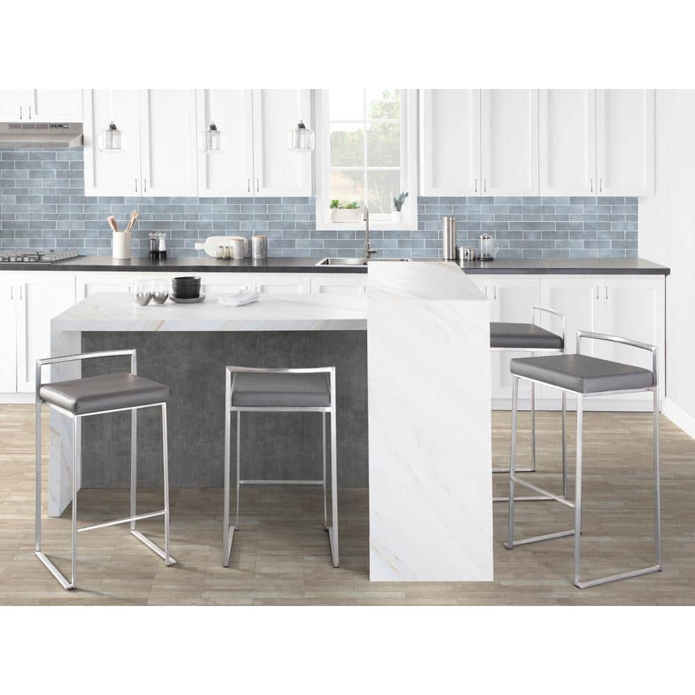 Fuji 30.75 in. Grey Faux Leather and Stainless Steel Stackable Bar Stool (Set of 3) price history on PriceWatchPro