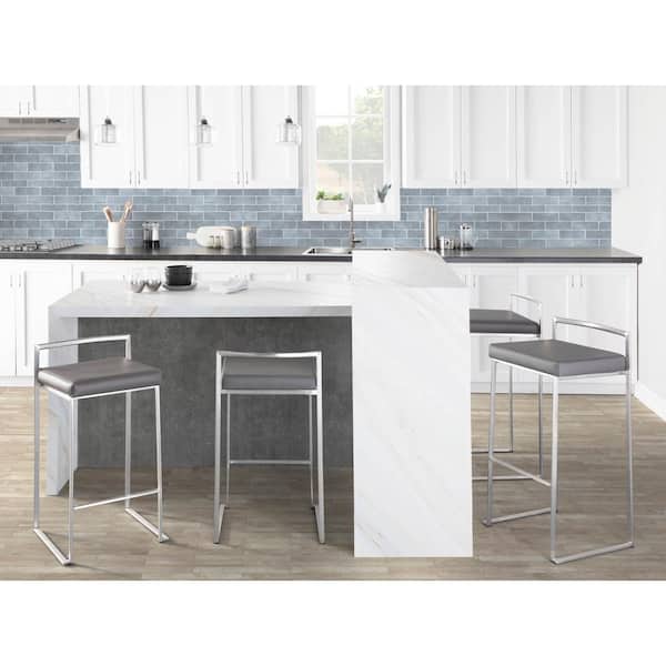 LumiSource Fuji 30.75 in. Grey Faux Leather and Stainless Steel Stackable Bar Stool (Set of 3)