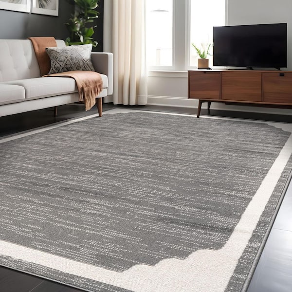 Hera Gray 9 ft. x 12 ft. Rubber Back Washable Corner Bordered Indoor Outdoor Patio Area Rug