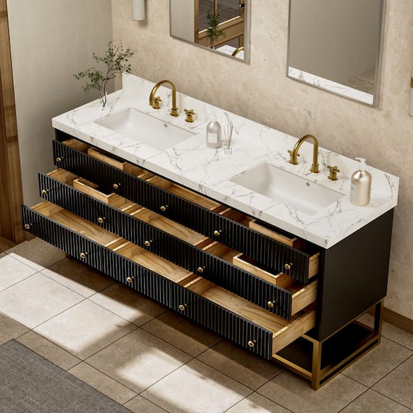 Solidoak 72 in. W x 22 in. D x 35.4 in. H Single Sink Bath Vanity in Black with White Engineered Marble Top