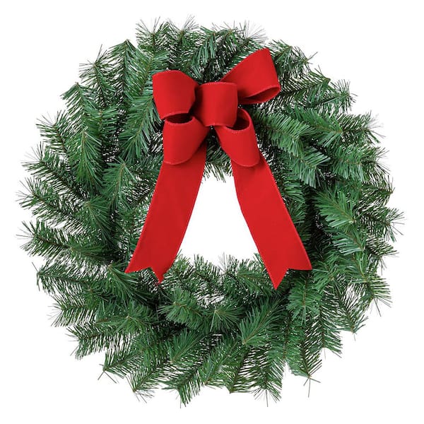 24 in. Unlit Artificial Wreath with Red Velvet Bow