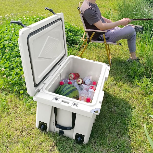 Btmway 65 Qt. White Outdoor Portable Camping Cooler with Wheels, Ice Chest with 54 Can Capacity, Keeps Ice for Up to 5 Days