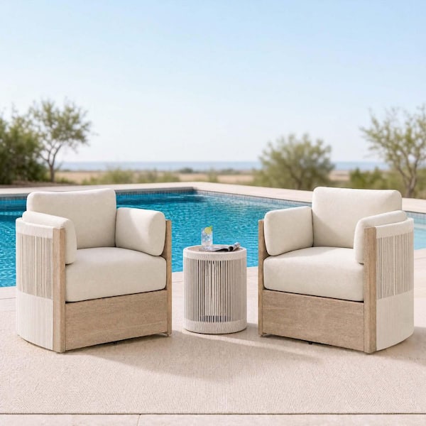 Crown Brushed Smoke Gray Swivel Solid Acacia Wood Fully Assembled Patio Bistro Set for Lounge Chair with Cream Cushions