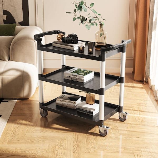 Utility Cart, 300 lbs. Load Capacity, 3-tier Plastic Cart with 360° Swivel Wheels (2 with Brakes), Stainless Steel