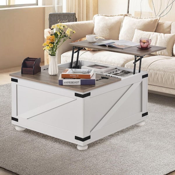 SKYSHALO 31.5 in. Farmhouse Coffee Table, Hinged Lift Top Coffee Square Table with Storage Compartment, Gray and White