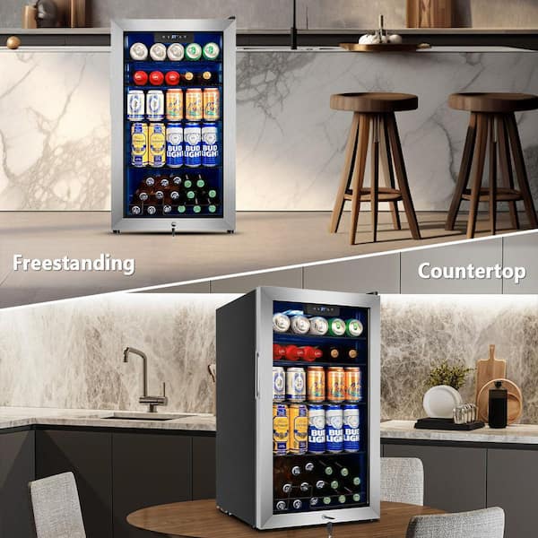 17.51 in. Silver Single Zone Freestanding 130-Cans Stainless Steel Beverage Cooler with Low-E Glass Door, Safety Lock