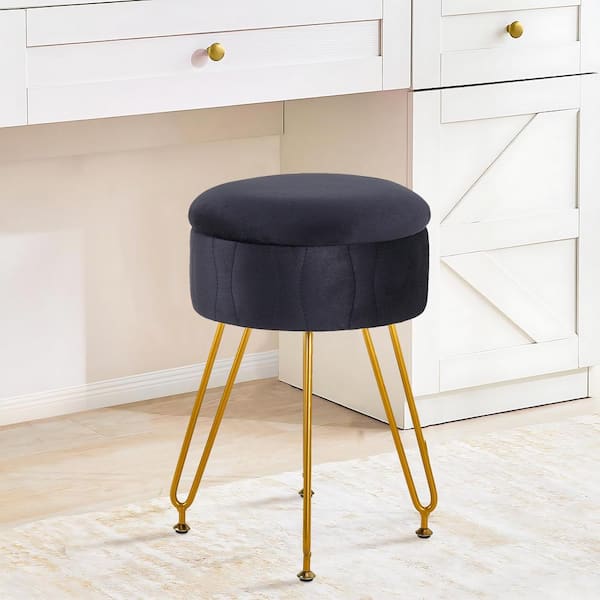 VECELO Vanity Stool with Storage, Black Velvet Makeup Chair, Metal Legs, Anti-Slip Feet for Bedroom, Living Room, Entryway