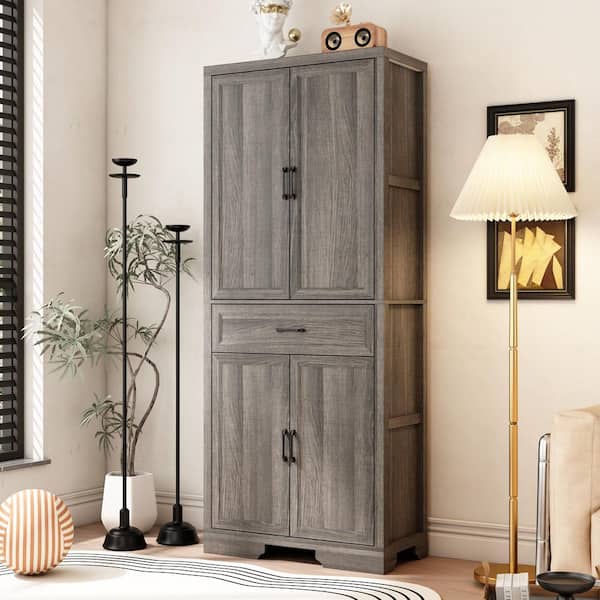 FUFU&GAGA Weathered Gray 78.7 in. Accent Cabinet with 5 Shelves and Drawer, Bookcase, Kitchen Pantry, Office Storage Cabinet